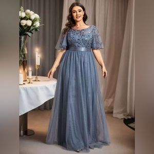 EVER-PRETTY Plus Leaf Sequin Bodice Mesh Prom Dress NEW WITH TAG